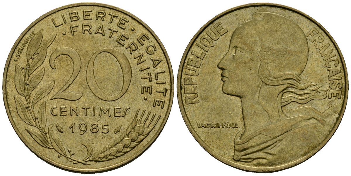 Франция 20 сантимов 1985 тип Marianne KM 930 медь алюминий никель 4135-623