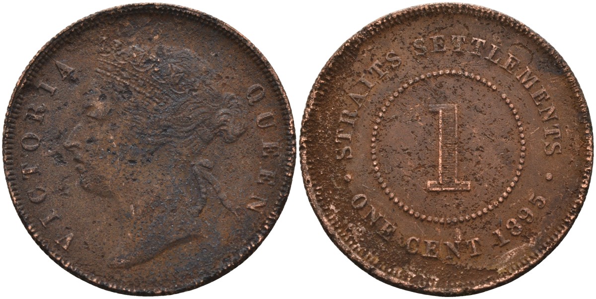 Стрейтс-Сетлментс 1 цент 1895 Виктория (1837-1901), Ост-Индская компания KM 16 бронза 4590-614