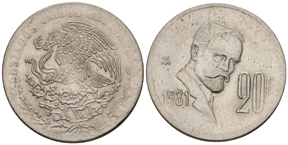 Мексика 20 сентаво 1981 Франциско Индалеси KM 442 медно-никель 4603-1133