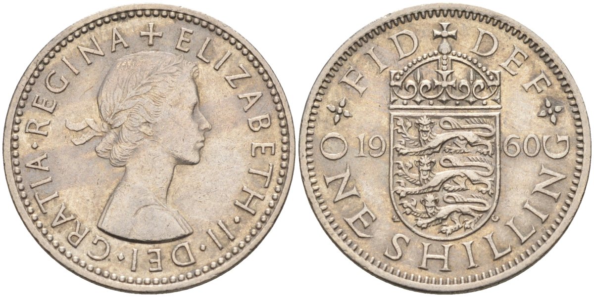 Великобритания 1 шиллинг 1960 Елизавета II (1952-2022), Английский герб KM 904, Spink 4147 медно-никель 4114-1235