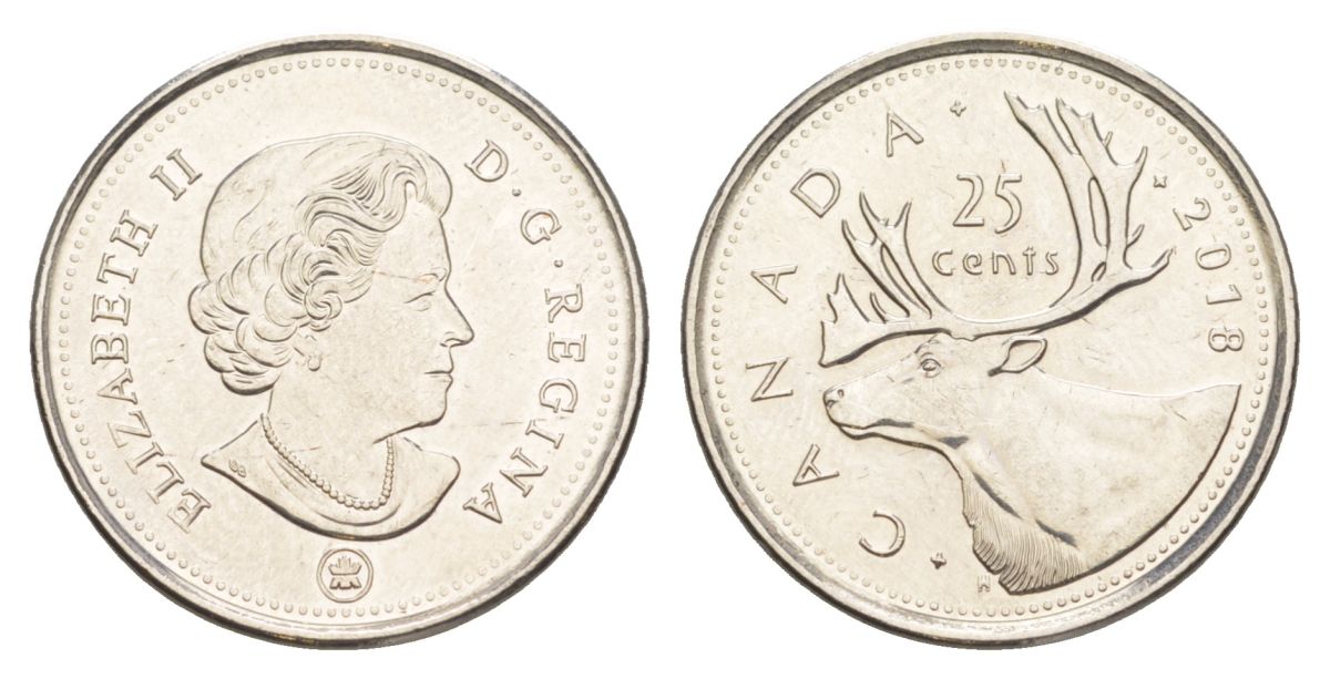 Канада 25 центов 2018 Leaf, Елизавета II (1952-2022), олень KM 2296 сталь плакированная никелем UNC 4631-737