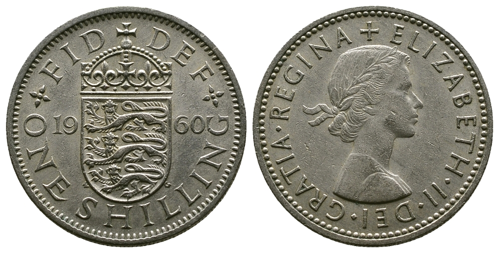Великобритания 1 шиллинг 1960 Елизавета II (1952-2022), Английский герб KM 904, Spink 4147 медно-никель 4384-415