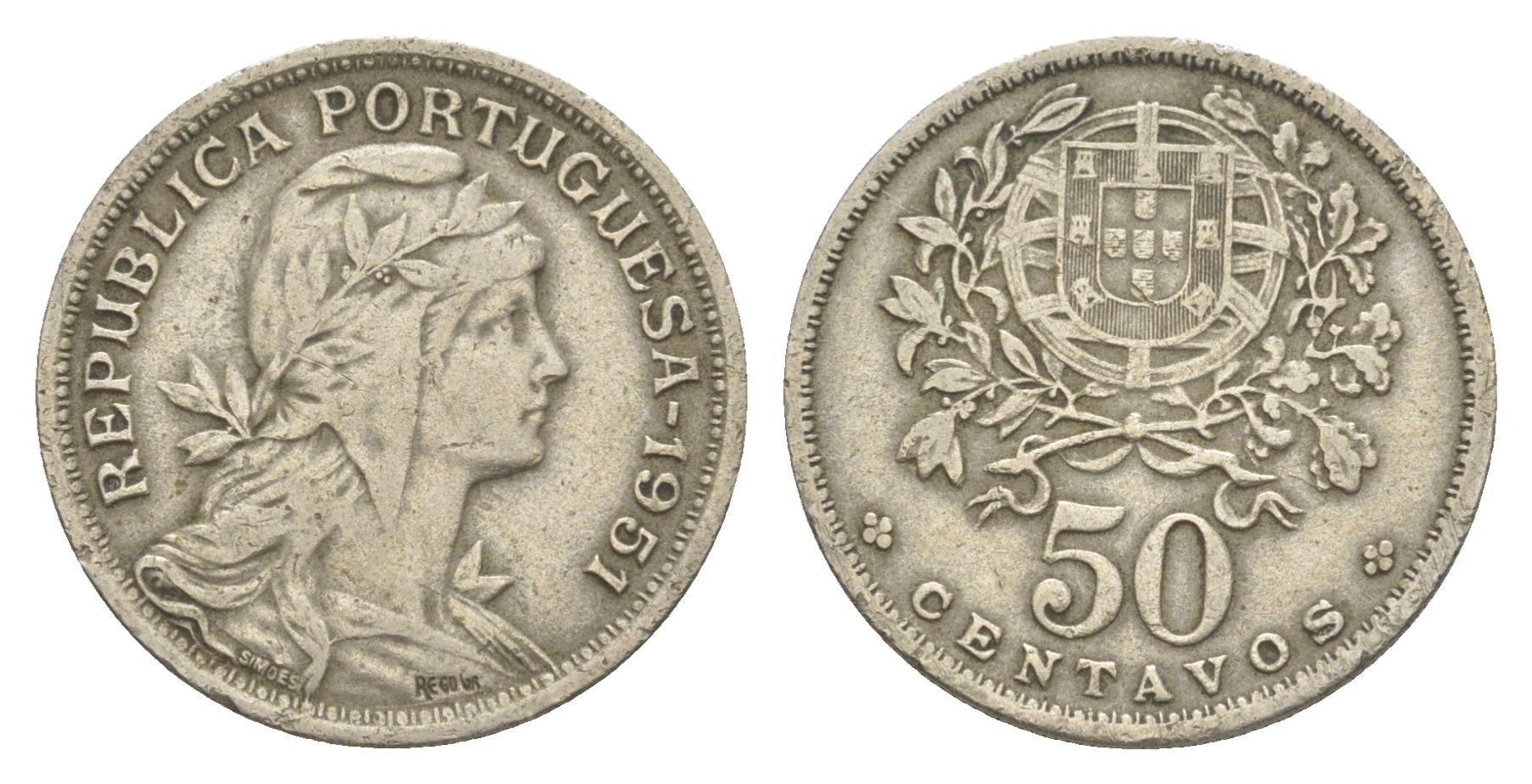 Португалия 50 сентаво 1951 KM 577 никель латунь 4605-1045