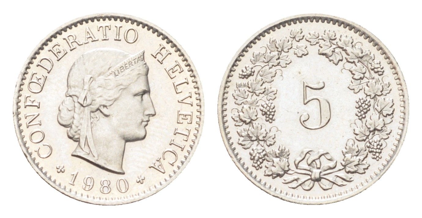 Швейцария 5 раппенов 1980 KM 26 медно-никель UNC 4705-1269