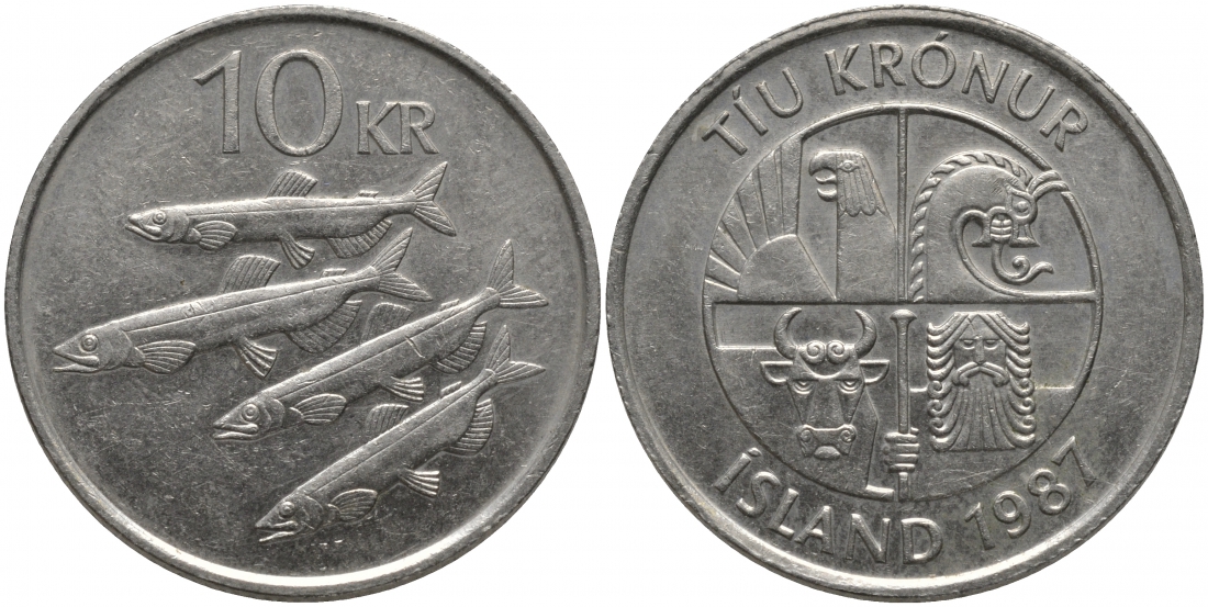Исландия 10 крон 1987 РЫБЫ KM 29.1 медно-никель 181-643