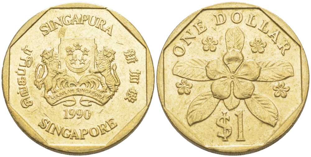 Сингапур 1 доллар 1990 барвинок KM 54b алюминиевая бронза 4448-1153