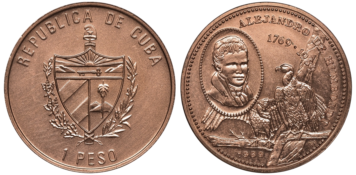 Куба 1 песо 1989 220 лет со дня рождения Александра Гумбольдта KM 436 медь UNC 4558-125 M3-04