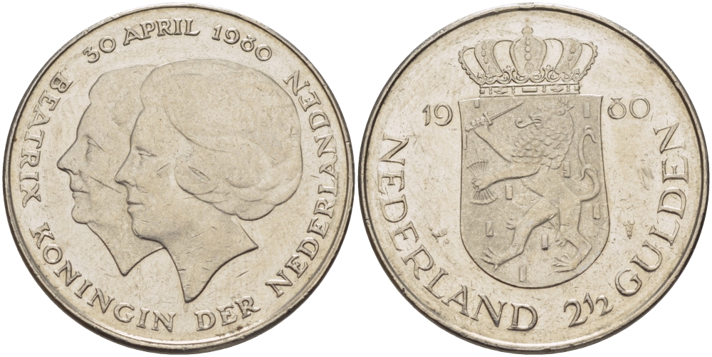 Нидерланды 2 1/2 гульдена 1980 коронация Беатрикс, 30 апреля 1980 KM 201 никель 38-122