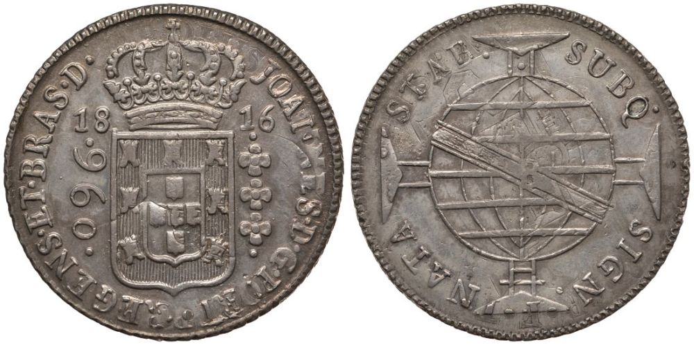 Бразилия 960 рейс 1816 B, монетный двор Бахия (Bahia), перечекан, патина, Жоао принц-регент (1799-1818) KM 307.1 серебро 00-817-65