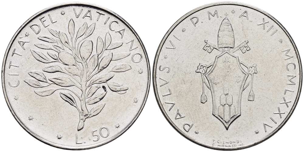 ВАТИКАН 50 ЛИР 1974 ГОД XII, ПАВЕЛ VI (1963-1978), ОЛИВКОВАЯ ВЕТВЬ KM 121 нержавеющая сталь 4519-346
