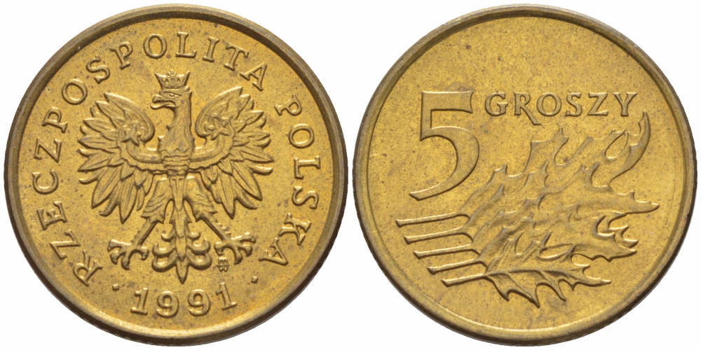 ПОЛЬША 5 ГРОШЕЙ 1991 MW KM 278 латунь 112-1162