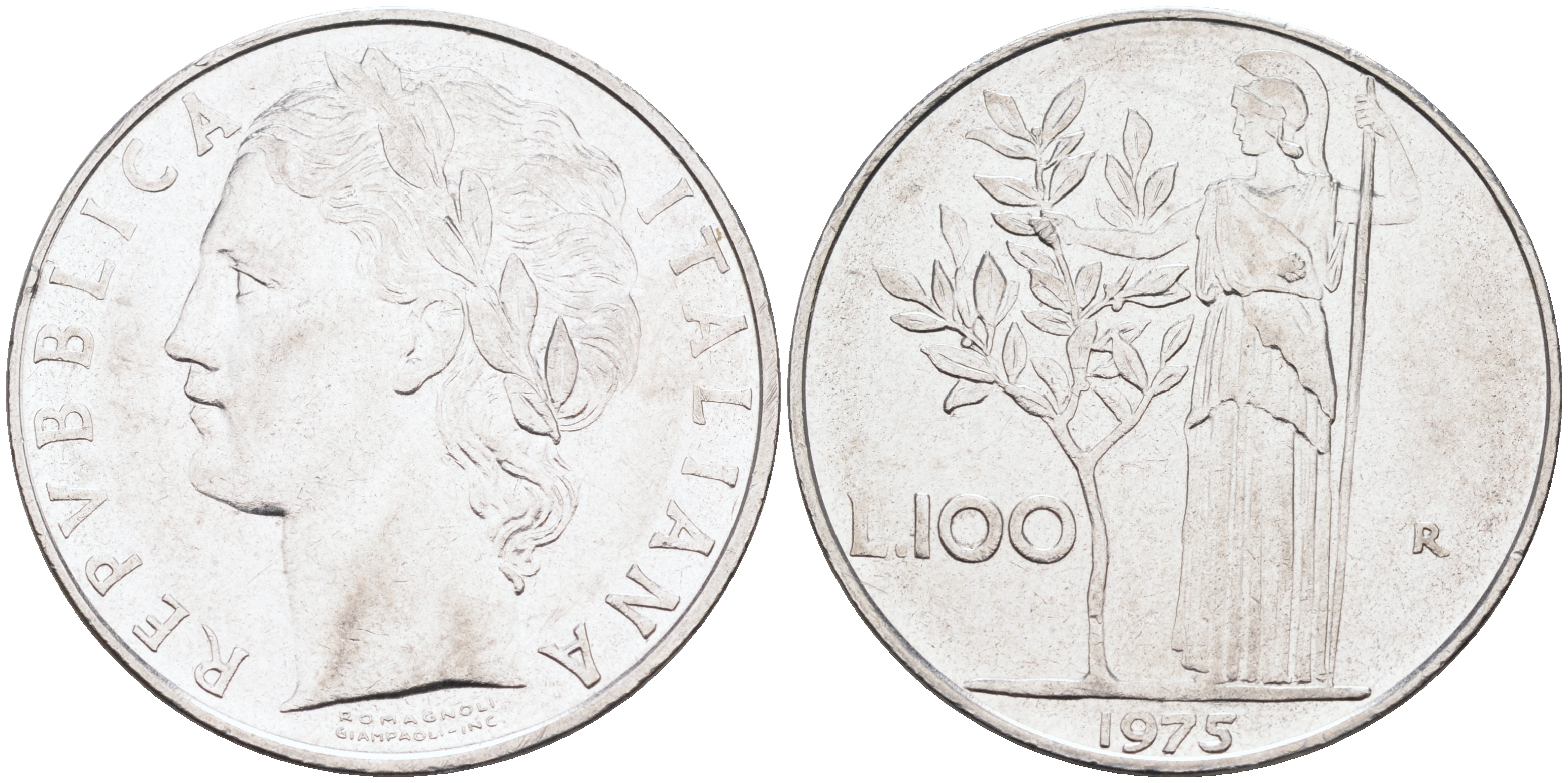 ИТАЛИЯ 100 ЛИР 1975 R, АФИНА KM 96.1 нержавеющая сталь 4589-645