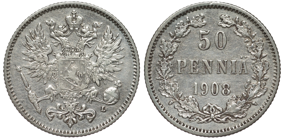 Россия для Финляндии 50 пенни 1908 L, Николай II (1894-1917) КМ 2.2, Биткин 403 серебро 75-835