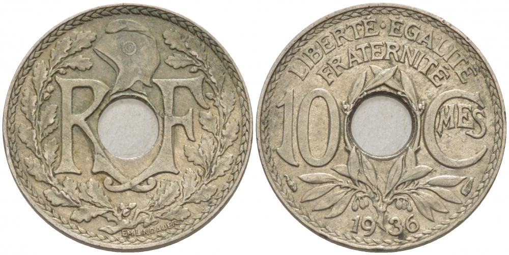 ФРАНЦИЯ 10 САНТИМОВ 1936 ТИП ЛИНДАЙЁ KM 866a медно-никель 4402-935