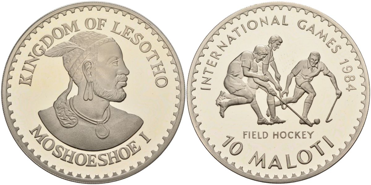 Лесото 10 малоти 1984 международный чемпионат по хоккею на траве, UNUSUL KM X#1 медно-никель PROOF 1098-4-54