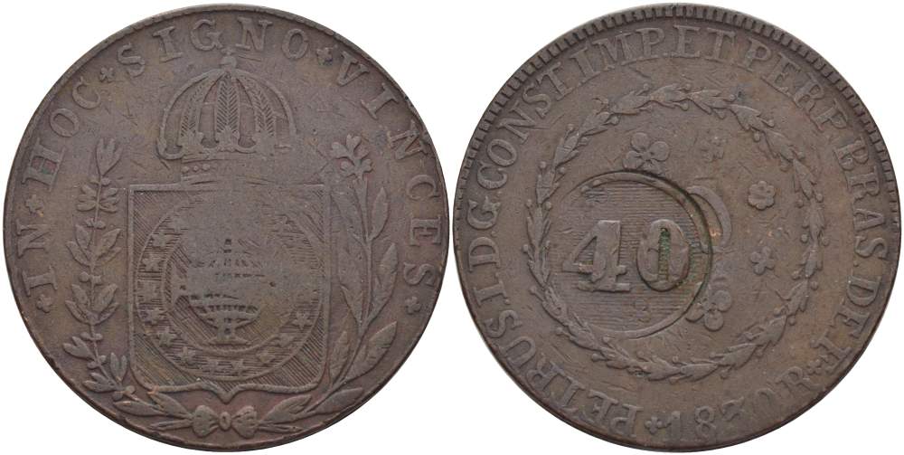 Бразилия 40 рейс 1835 провинция ICO, надчеканка на 80 рейсах 1830R Педро I KM 444.1 медь    4527-1025