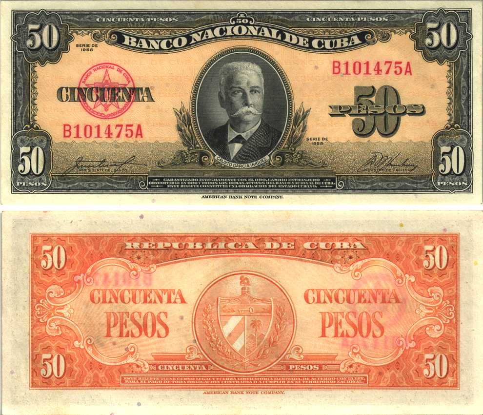 КУБА 50 ПЕСО 1958 КАЛИКСТО ГАРСИА-И-ИНЬИГЕС, КРАСНАЯ СЕРИЯ Pick 81b бумага аUNC 7191-34-3-1