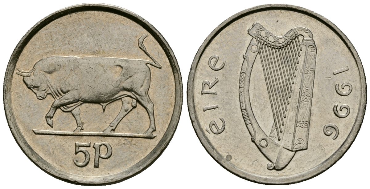 Ирландия 5 пенсов 1996 бык KM 28 медно-никель 4136-925