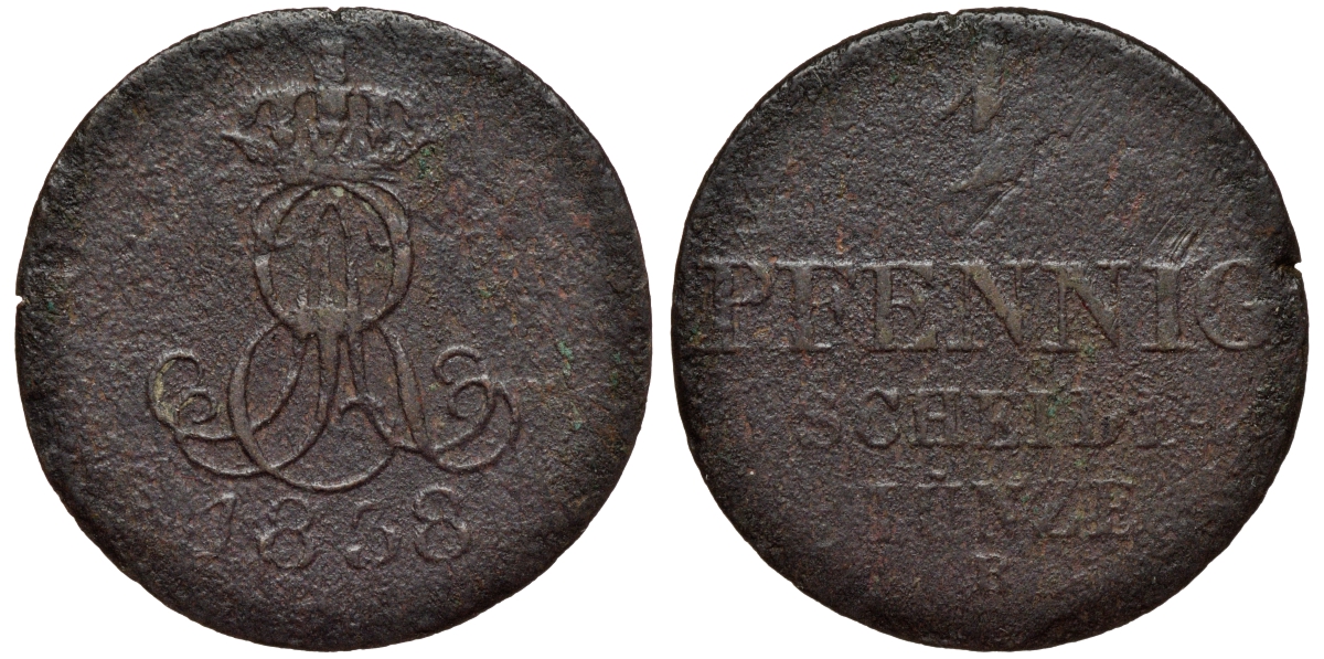 Ганновер 1 пфенниг 1838 B, Эрнст Август (1837-1851) KM 176, AKS 127, J. 53 медь 75-451