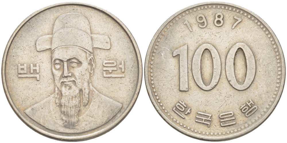 Южная Корея 100 вон 1987 Ли-Сунсин, корейский флотоводец KM 35.2 медно-никель 4514-1116