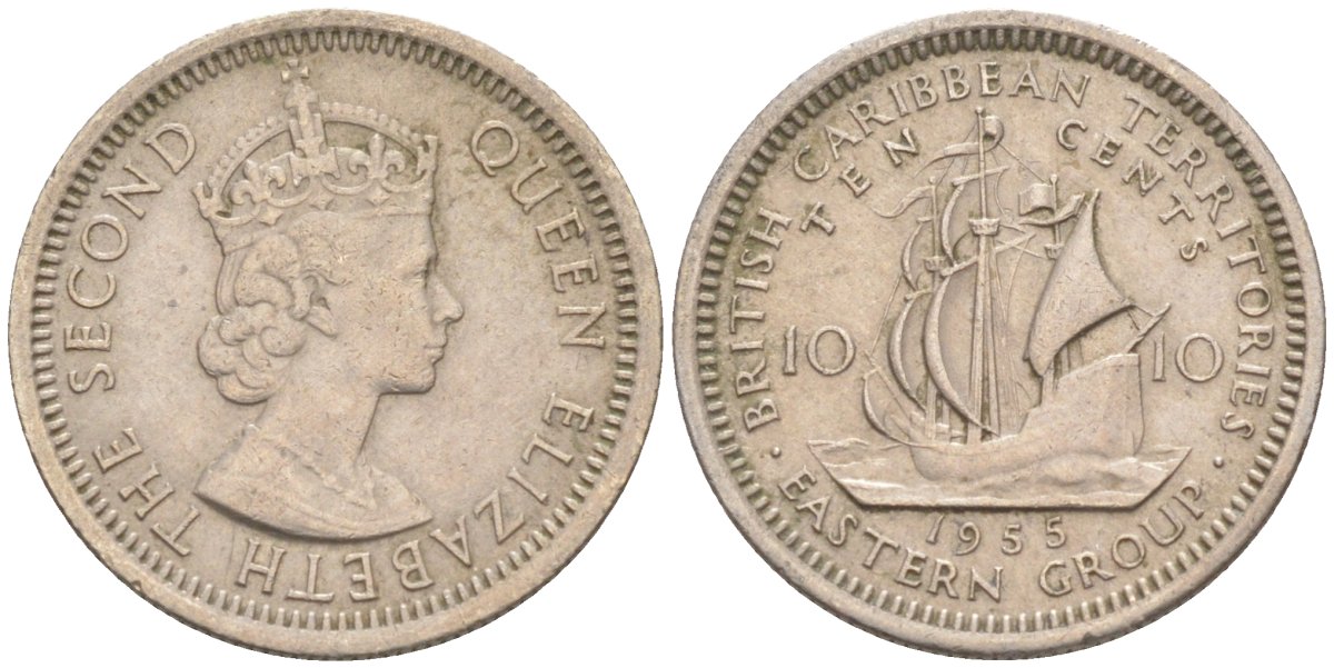 Британские Восточно-Карибские территории 10 центов 1955 Елизавета II (1952-2022), парусник KM 5 медно-никель 187-325
