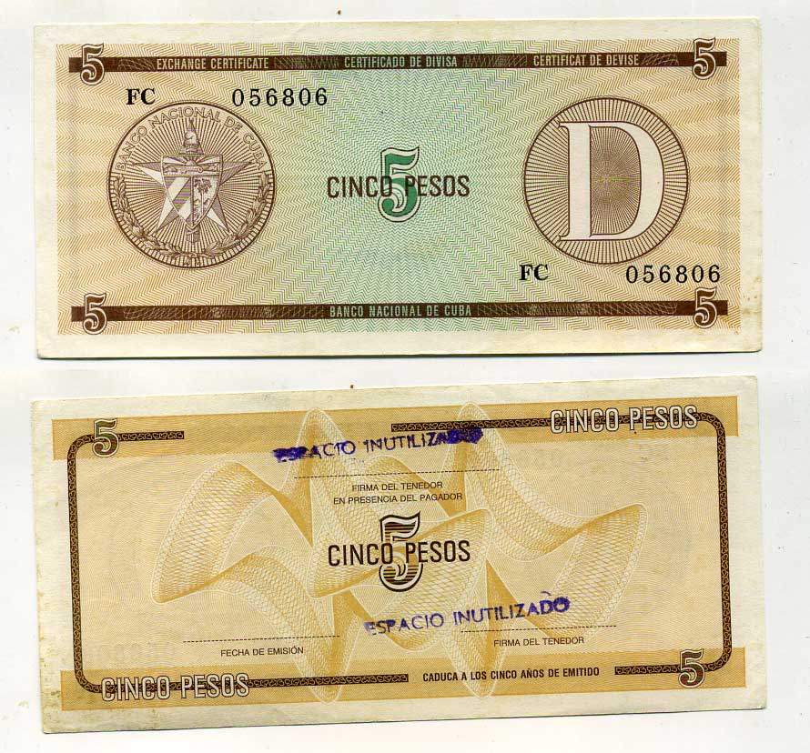 Куба, валютный сертификат 5 песо ND серия D, желтая, второй выпуск Pick FX 34 бумага aUNC 8616-42-3-1