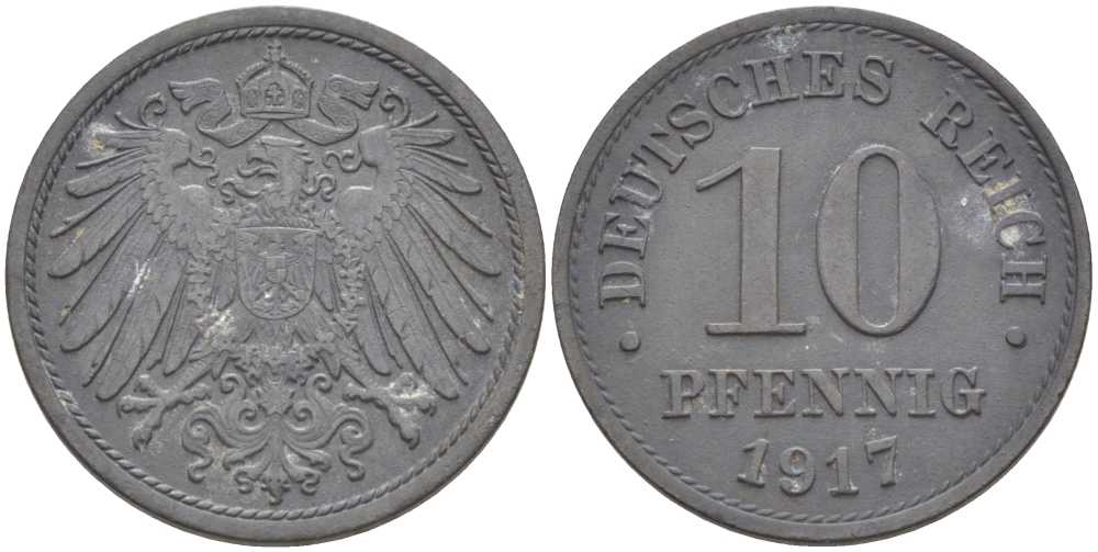 ГЕРМАНИЯ 10 ПФЕННИНГОВ 1917 KM 26, J.299, Weege 8 цинк 202-211