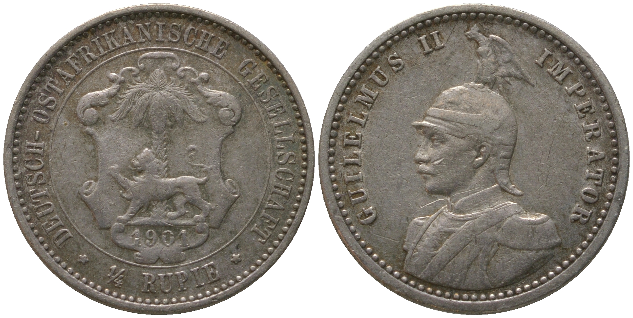 Немецкая Восточная Африка (Танзания) 1/4 рупии 1901 Ost-Africa, Вильгельм II (1888-1918) Jaeger 711, KM 3 серебро    413-1842