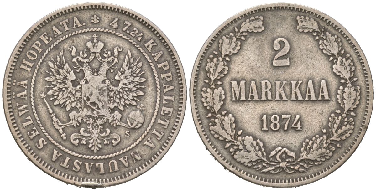 Россия для Финляндии 2 марки 1874 S, Александр II (1854-1881) Биткин 623 серебро 3851-922