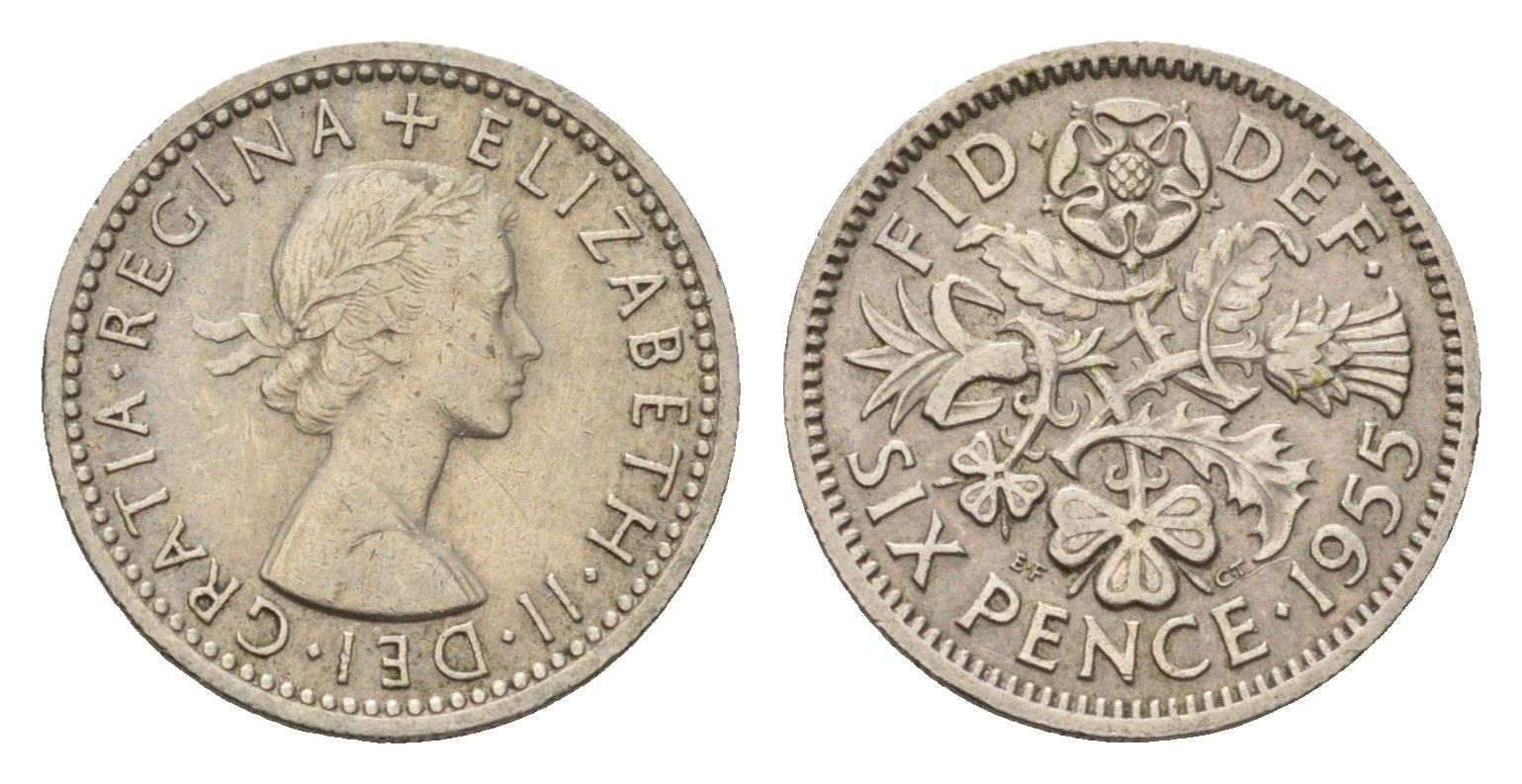 Великобритания 6 пенсов 1955 Елизавета II (1952-2022) KM 903, Spink 4149 медно-никель 100-527