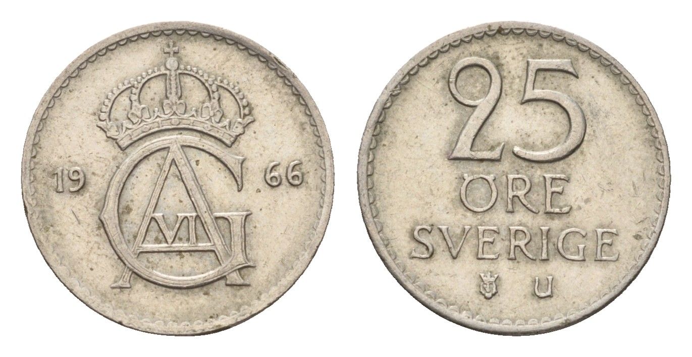 Швеция 25 эре 1966 U, Густав VI Адольф (1950-1973) KM 836 медно-никель 116-821