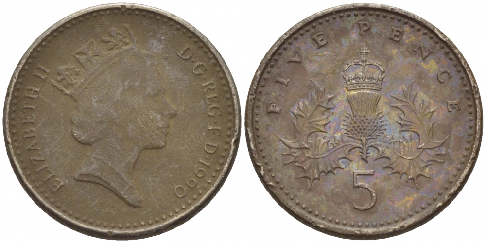 Великобритания 5 пенсов 1990 Елизавета II (1952-2022) KM 937b, Spink 4372 (D4) медно-никель 112-1147