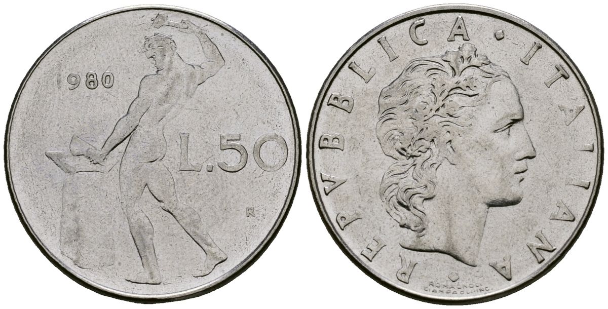 Италия 50 лир 1980 R, бог огня Вулкан у наковальни KM 95.1 нержавеющая сталь 4138-623