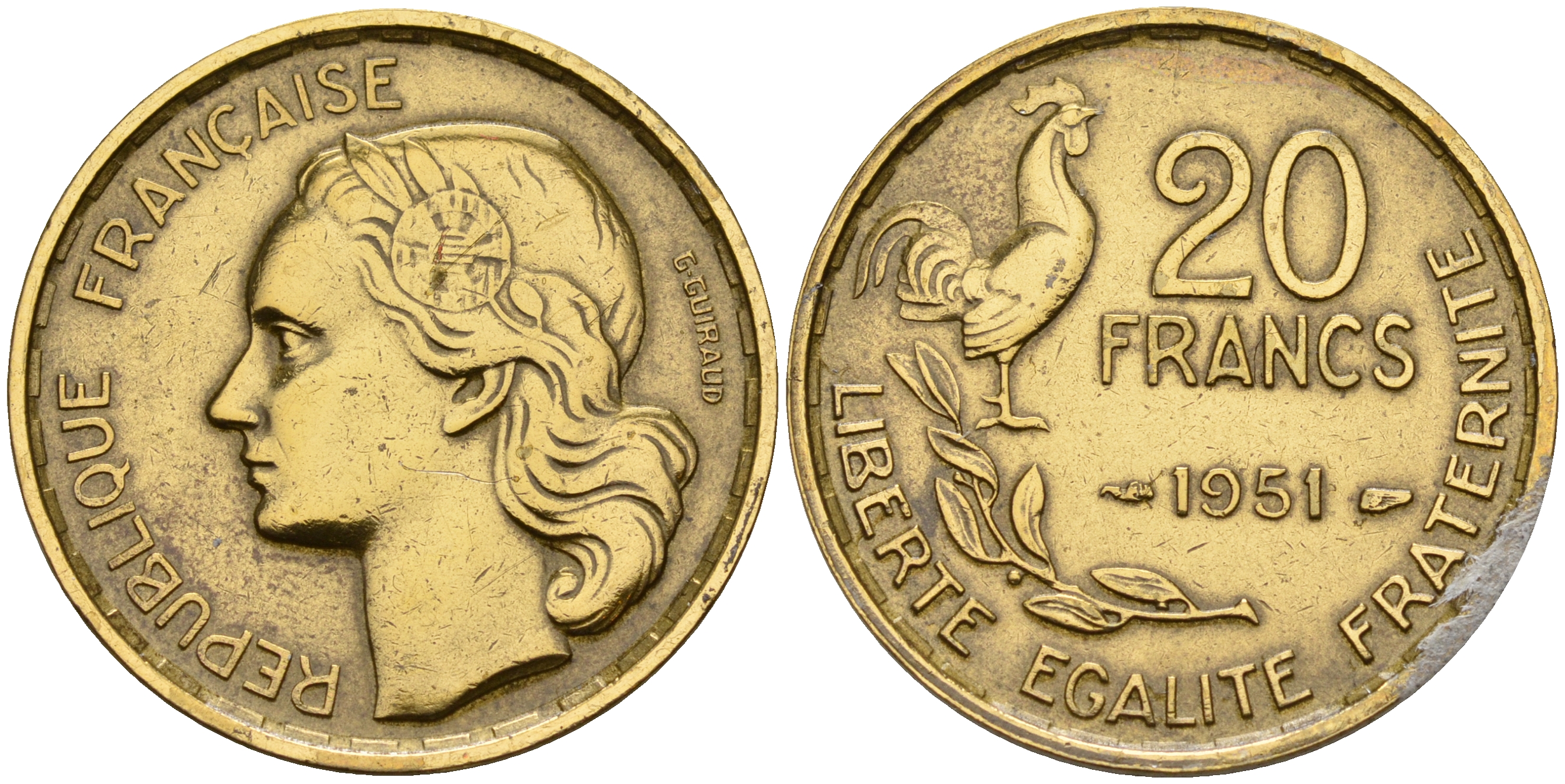 Франция 20 франков 1951 4 пера KM 917.1 алюминиевая бронза    4153-511