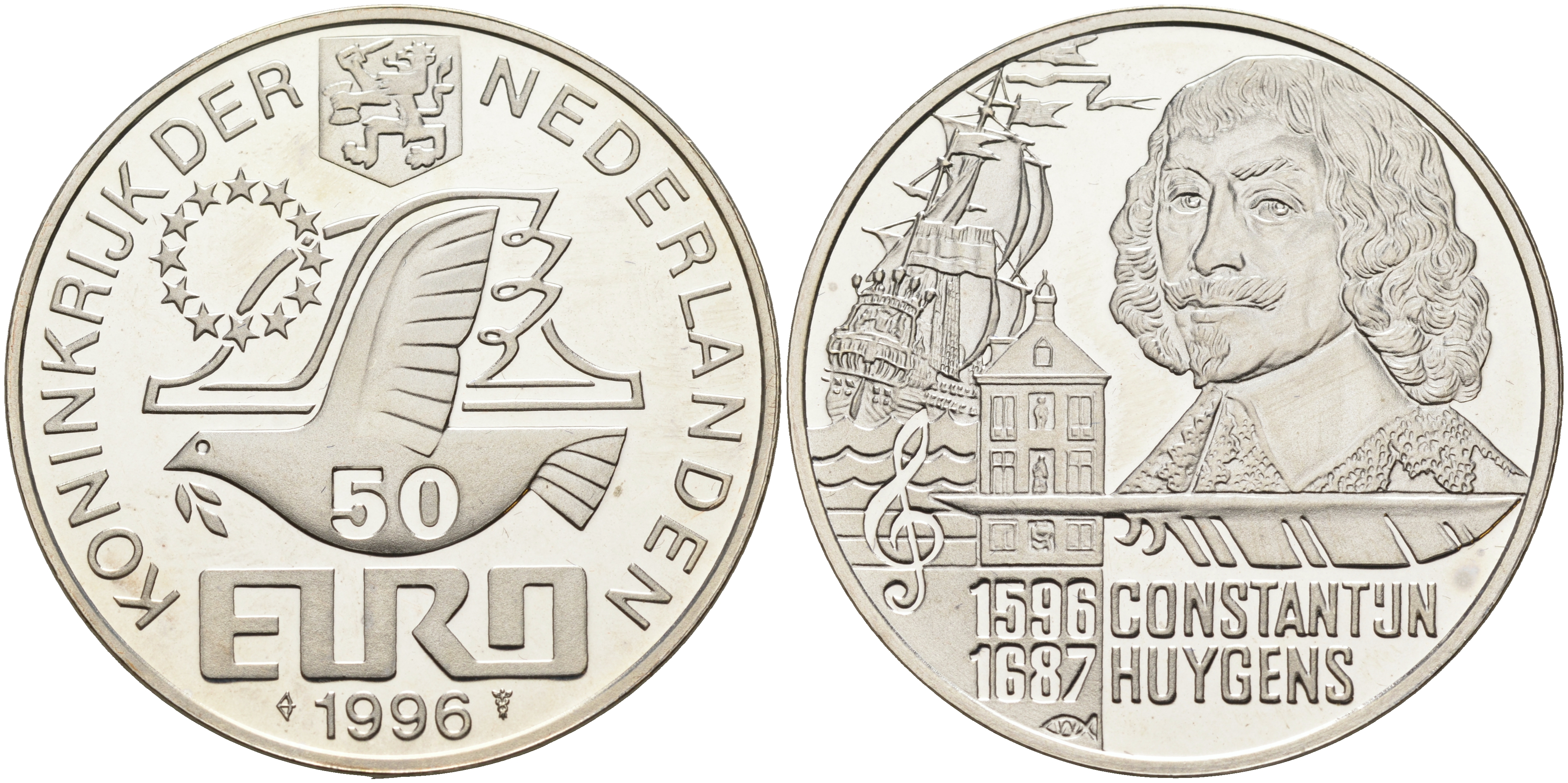 Нидерланды 50 евро 1996 Константейн Хёйгенс (1596-1687)  серебро  PROOF  05-095-43