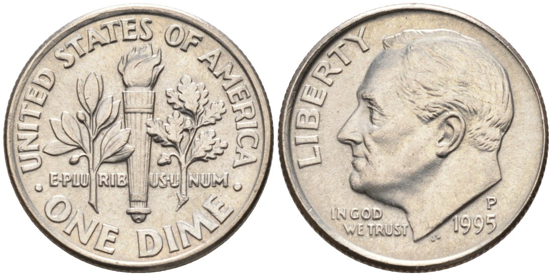 США 10 центов = дайм 1995 P, Рузвельт КМ 195а медь плакированная медно-никелем 4567-623
