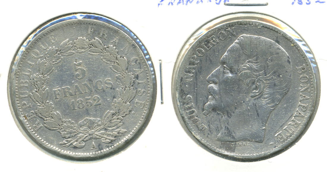 ФРАНЦИЯ 5 ФРАНКОВ 1852 А, ЛУИ НАПОЛЕОН KM 773.1 серебро 4455-1822