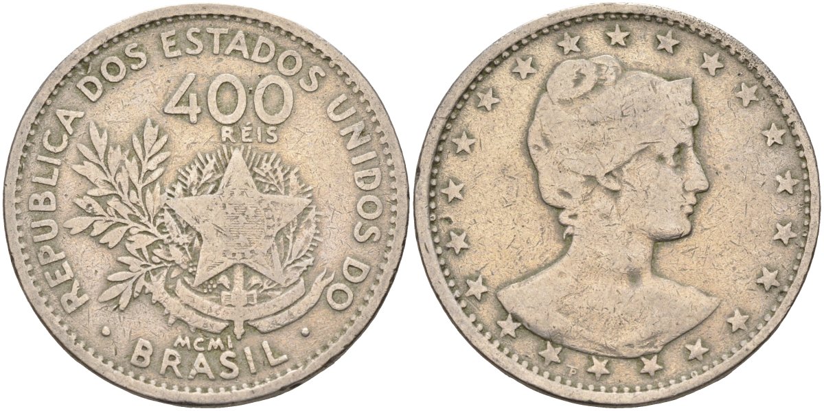 Бразилия 400 рейс 1901 голова свободы вправо KM 505 медно-никель 4367-224