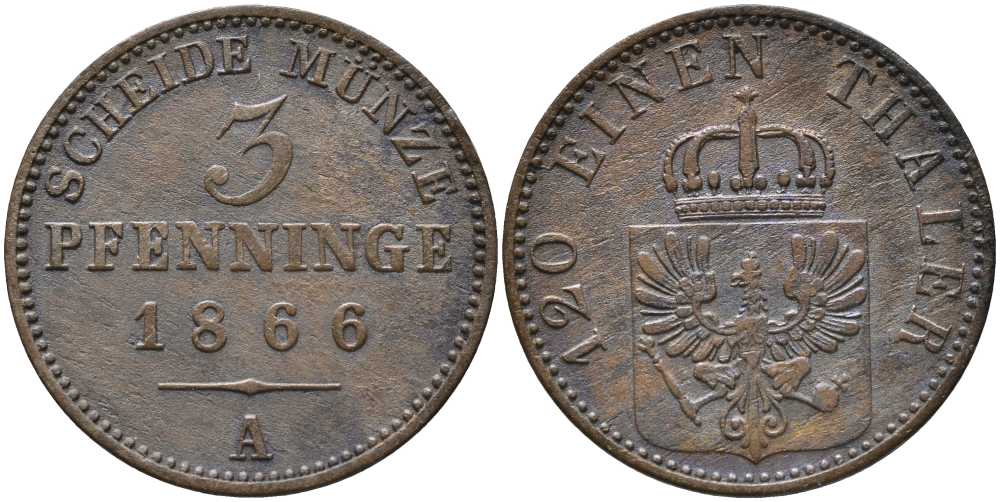 ПРУССИЯ 3 ПФЕННИГА 1866 А, ВИЛЬГЕЛЬМ I (1861-1888) KM 482 медь 4448-1114