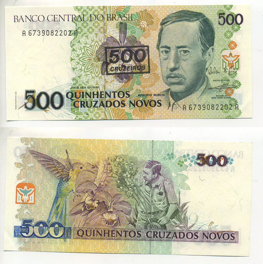 БРАЗИЛИЯ 500 КРУЗЕЙРО 1990 НАДПЕЧАТКА НА 500 КРУЗАДО НОВЫХ, СЕРИЯ А 6354, АУГУСТО РУШИ БРАЗИЛЬСКИЙ БИОЛОГ Pick 226b бумага UNC (ПРЕСС) 6299-16-3