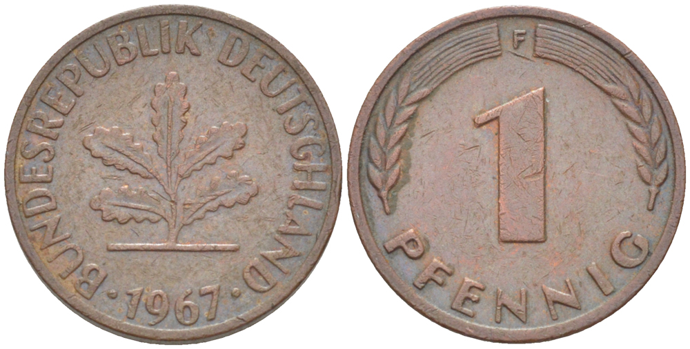 ФРГ 1 ПФЕННИГ 1967 F KM 105, J. 380 сталь плакированная медью 4181-544
