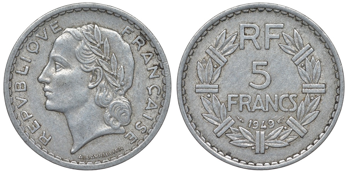 Франция 5 франков 1949 closed 9 KM 888b.1, Le Franc 339.17 алюминий 4123-534