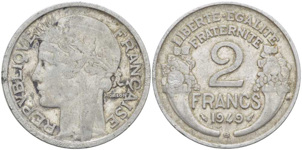 Франция 2 франка 1949 В, тип Morlon KM 886а.2, Le Franc 269.15 алюминий 180-1136