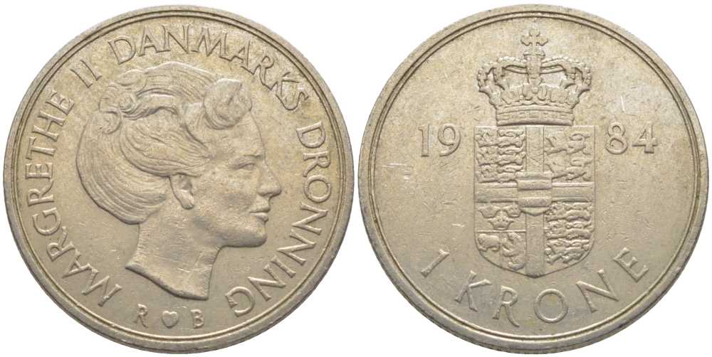 Дания 1 крона 1984 R;B, Маргрете II (1972-) KM 862.3 медно-никель 113-917