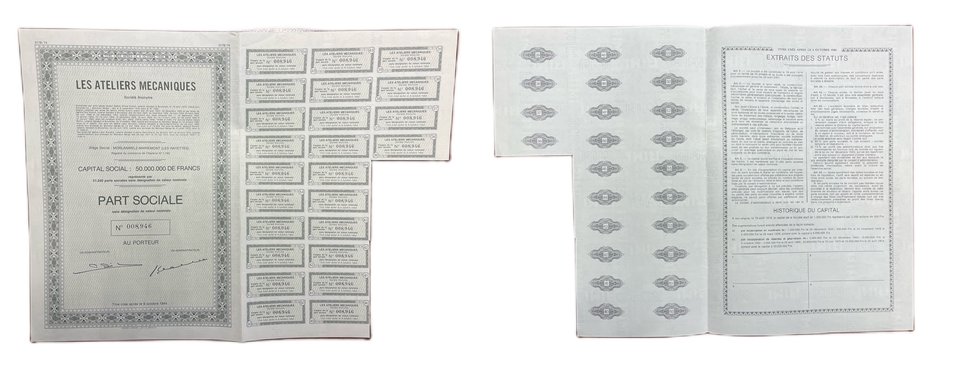 Бельгия, Morlanwelz-Mariemont акция на предъявителя 1944 24 купона бумага 49-95-1-2