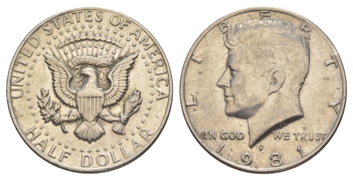 США 1/2 доллара (50 центов) 1981 P, Джон Кеннеди KM A202b медь плакированная медно-никелем aUNC 4517-532