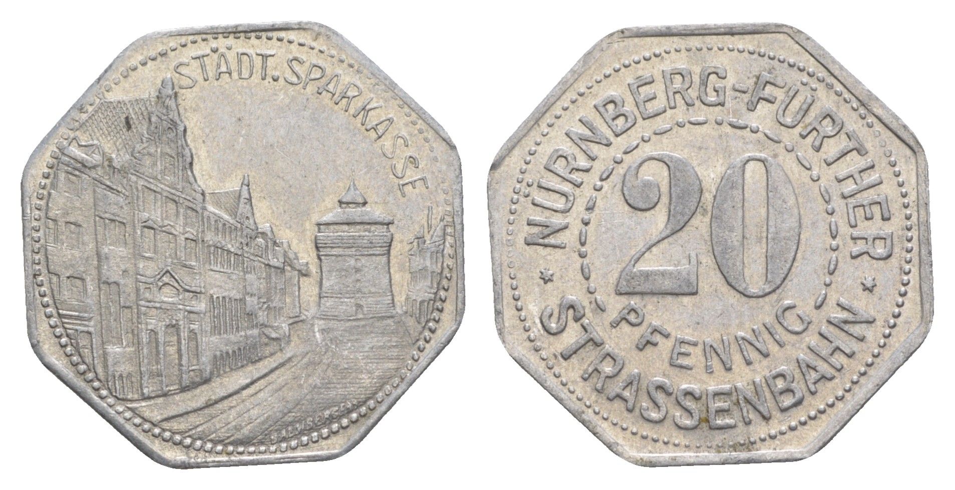 Нюрнберг трамвайный (транспортный) жетон в 20 пфеннигов ND (1920-1921) сберегательная касса Men05 19256.36, Men18 24102.36 алюминий aUNC 4638-232