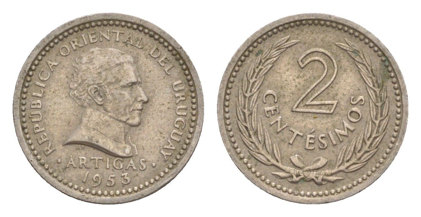 Уругвай 2 сентесимо 1953 KM 33 медно-никель 4636-248