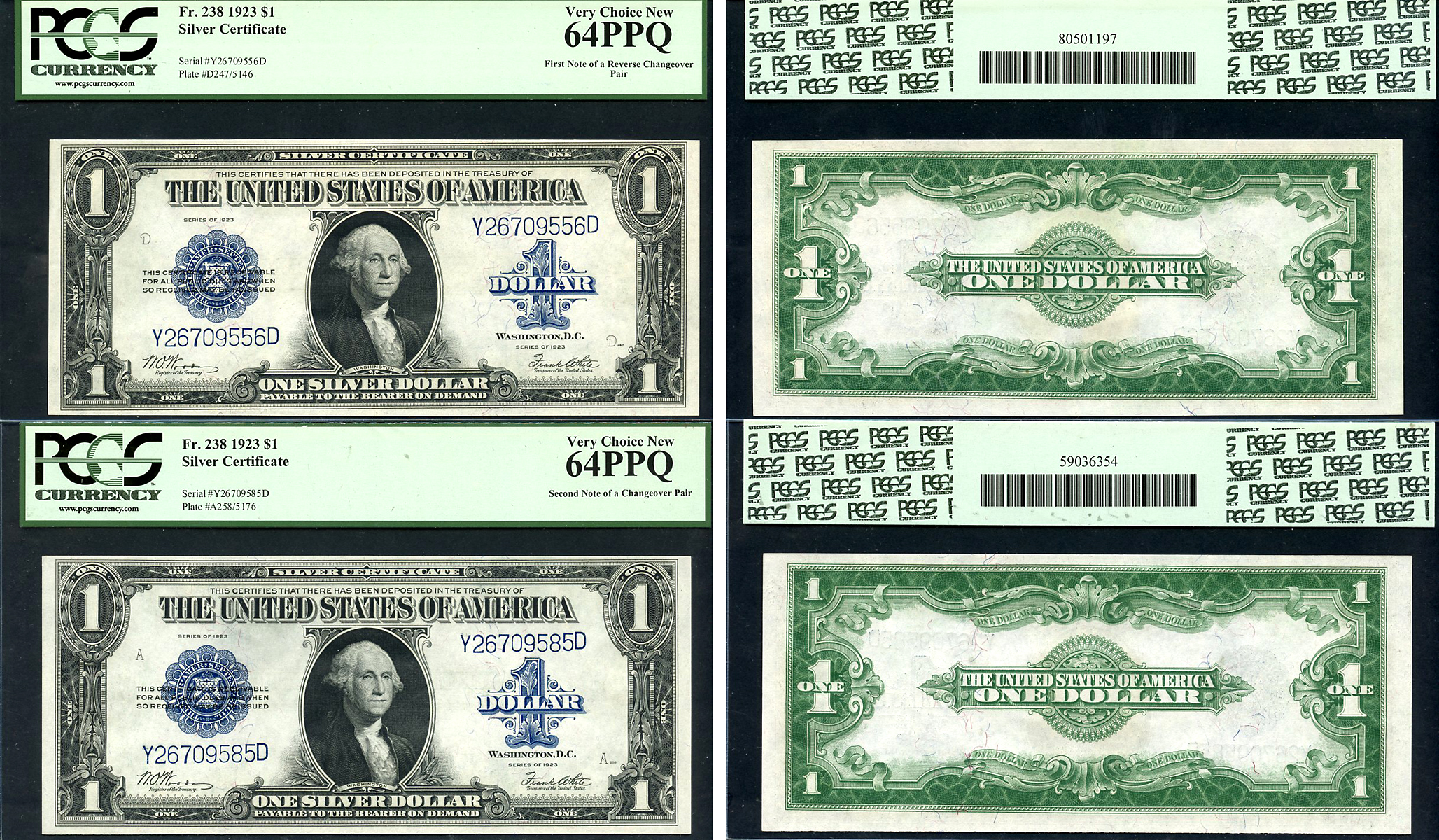 США 1 доллар 1923 две парные банкноты, Джордж Вашингтон, серебряный сертификат, в слабе PCGS 64 PPQ Fr 237, 238  бумага  UNC (пресс) 452-1-145
