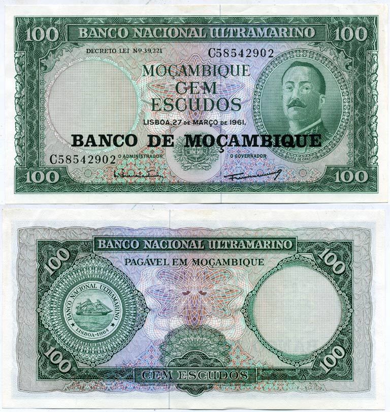 Мозамбик 100 эскудо 1961 (1976) надпечатка на 1961, Айрес де Орнелас  Pick 117 a бумага aUNC 435-41-2-1